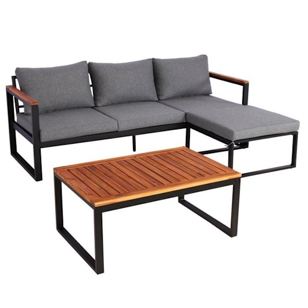 Havemøbelgruppe med udendørs sofa, bord, aluminiumsramme og akacietræ, mørkegrå puder 04_0008313 kastanj