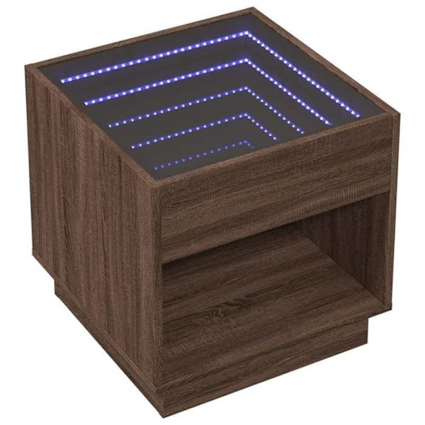 Nattelsbord med LED-lys og åbent rum 50 x 50 x 50 cm, brun ingeniørtræ og glas DEC033142 kastanj
