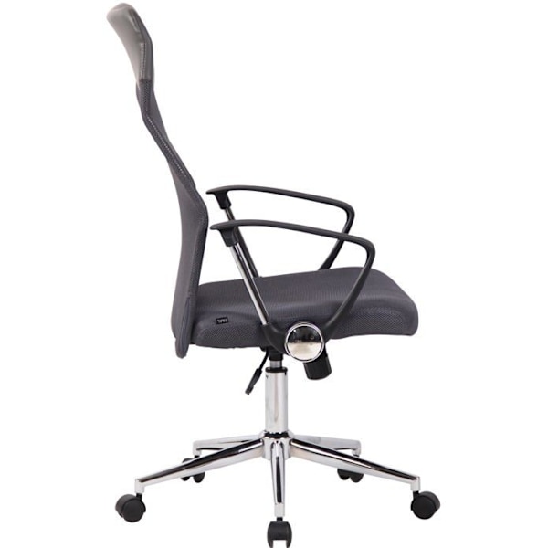 Ergonomisk kontorstol med hjul, justerbar højde og pivotering i grå net.