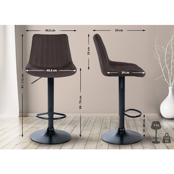 Barstol x1 højdenjusterbar med 360° drejefunktion, taupe stofsæde med vertikal syning, sorte metalben 10_0005437 Metall