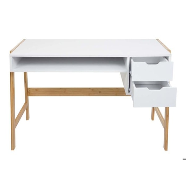 Työpöytä tietokoneelle, jossa kaksi laatikkoa 76x115x58 cm MDF valkoinen ja bambu 04_0006058 Vit