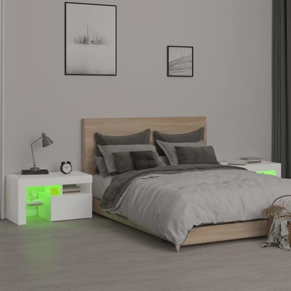 Set med 2 sängbord med LED-lampor, förvaringsutrymme med dörr, 70 x 36,5 x 40 cm, vit ingenjörsträ DEC0353 Vit