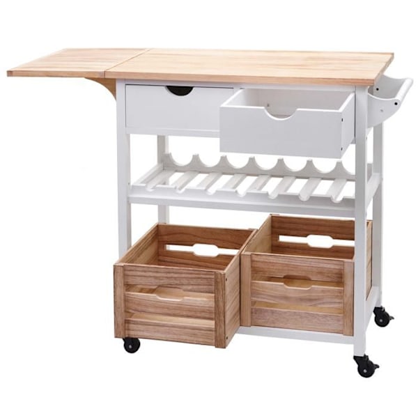 Köksbar med hjul, flaskförvaring med lådor och förvaringslådor av furu 89 x 119 x 41 vit