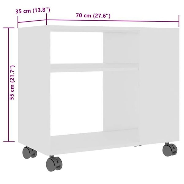 Sidobord, vardagsrumsbord på hjul 70 x 35 x 55 cm, vitt ingenjörsträ DEC032364 Vit