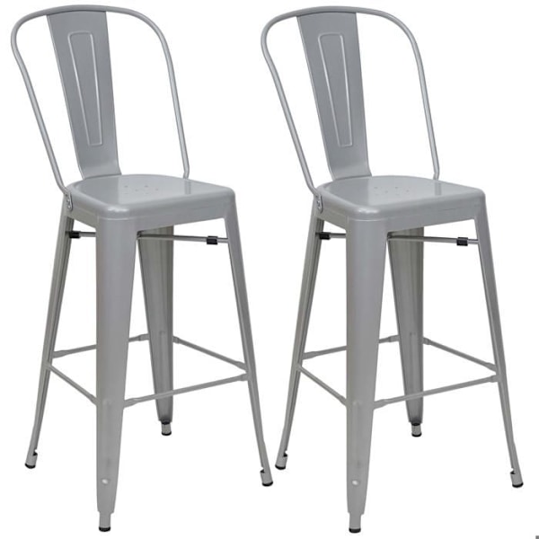 Set med 2 barstolar med ryggstöd och fotstöd i grå metall, industriell design 04_0007452 Grå