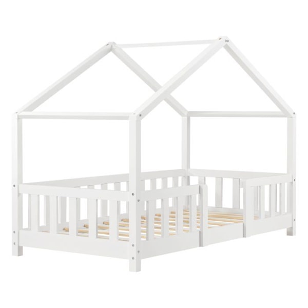 Litet barnkoja i husform med skyddande staket av vitt furuträ 80 x 160.