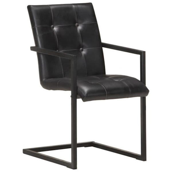 Set med 2 köksstolar i retro design med svart äkta läder och cantilever.