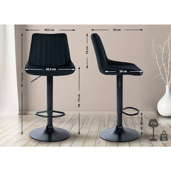 Barstol x1 justerbar i højden, 360° roterende, sæde i sort PVC med vertikal syning, sort metalben 10_0005423 Metall