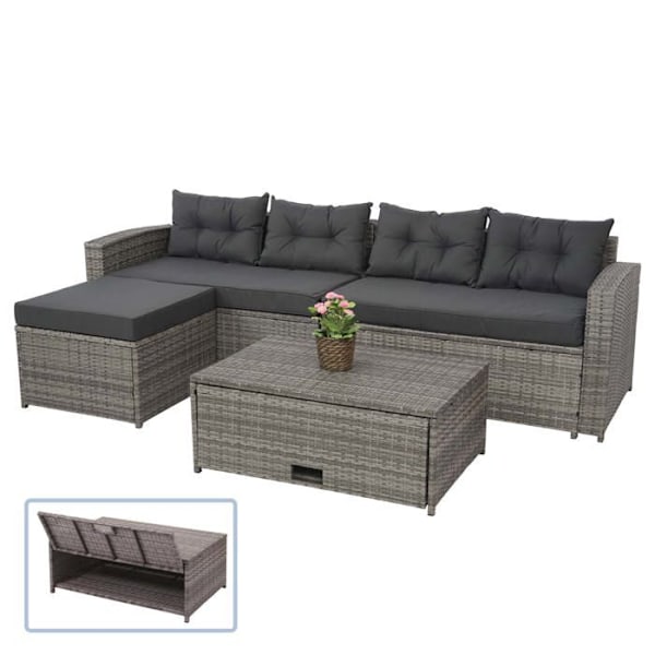 Polyrotin have til balkon, have terrasse, sofa, lav borde, puff, opbevaringsrum, grå, grå puder