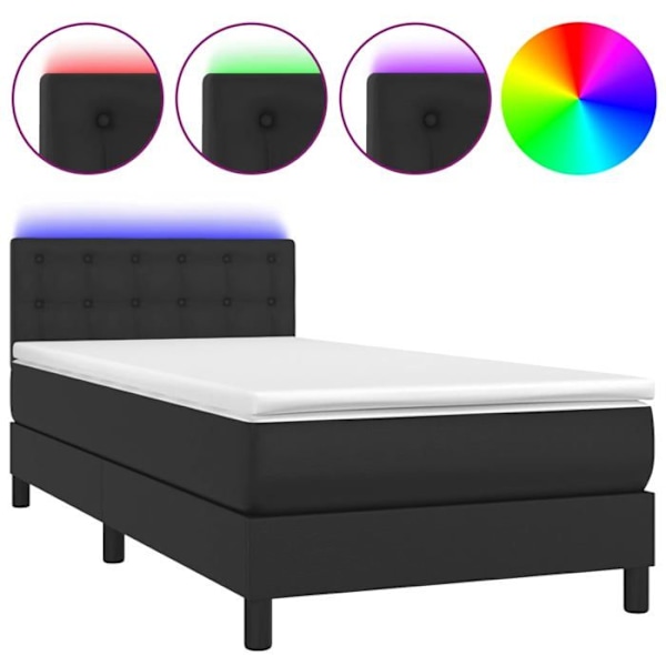 LED sengestel med satin hovedgærde madras 90 x 200 syntetisk sort Svart