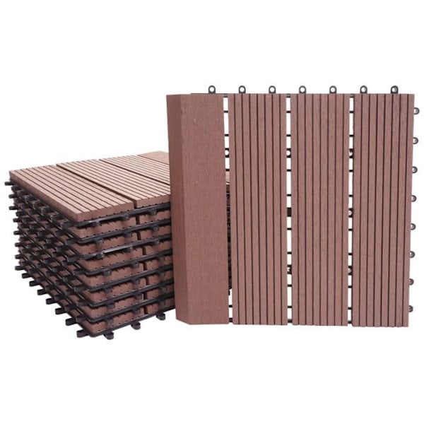 11 kpl WPC-laattat, puun näköinen viimeistely parvekkeelle/terassille 30 x 30 cm = 1 m² väri kahvi pystysuora viiva 04_0006196 kastanj