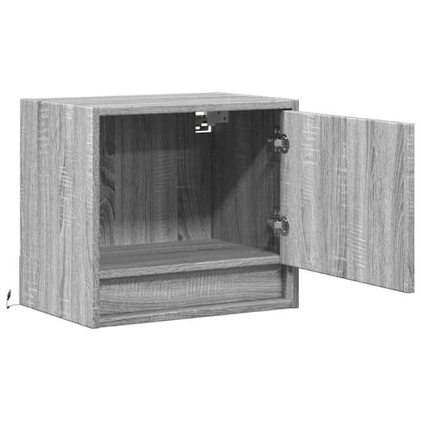 Seinäkiinnitteinen yöpöytä LED-valoilla ja ovellisella lokeroilla 45 x 31 x 40,5 cm harmaata teknistä puuta DEC034215 kastanj