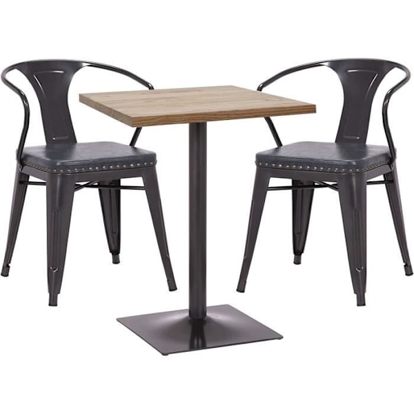 Bistro-set med 2 stolar i grå svart konstläder och bord i ljust trä, industriell design