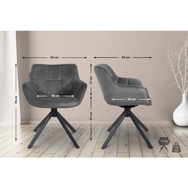 Sæde til spisestue loungestol med drejefunktion i grå velour, sort metalramme