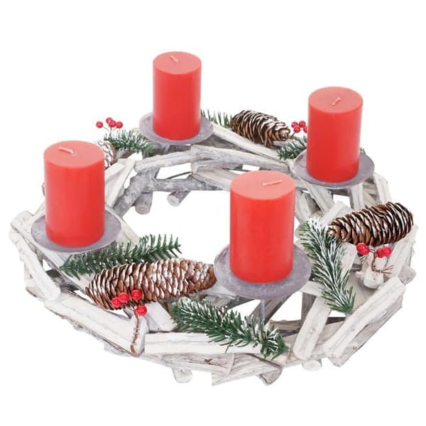 Rund adventskrans bordsdekoration jul i trä Ø 40 vit-grå med röda ljus