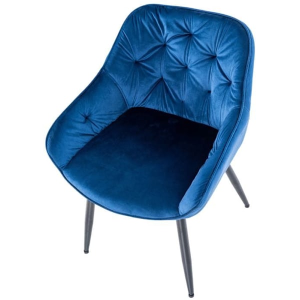 2 kpl design- ja modernityylisiä ruokapöydän tuoleja, sininen samettipäällinen ja mustat metallijalat 10_0001607 Blå