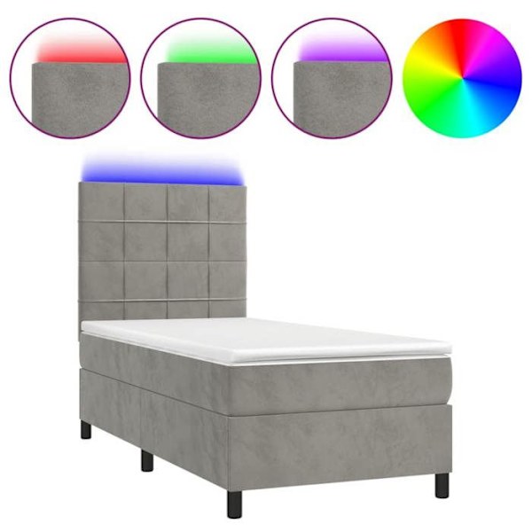 LED-sengramme med sæde i silke og madras 90 x 190 i lysegrå velour