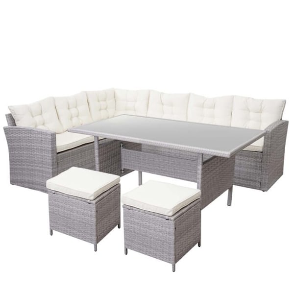 Sæt af have møbler til terrasse, balkon, veranda i lys grå polyrotin med creme puder og taburetter x2 04_0004194 Grädde