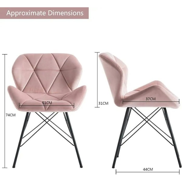 Set med 2 matstolar i rosa sammetsstof med triangelsömmar och metallben, designad av Eiffel.