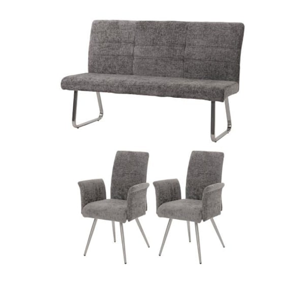 Set med 2 matstolar med armstöd + bänk 160 cm borstat rostfritt stål grå chenille tyg 04_0008288 Grå