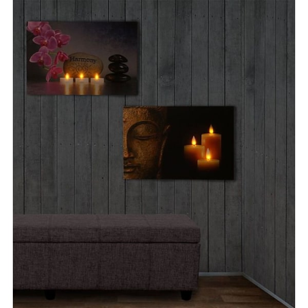Väggdekorationstyg med 2 LED-lampor, upplyst tavelmotiv Buddha