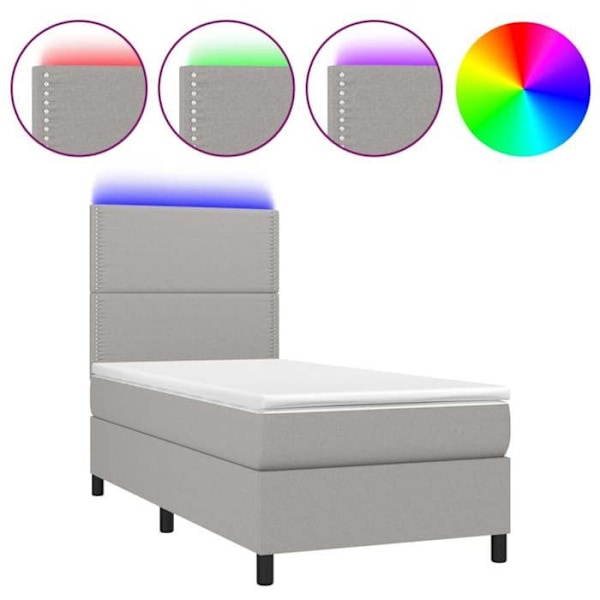 LED-sänkykehys, jossa on sängynpääty ja 90x200cm vaalea harmaa kangasmadrassi TDL0209443 Grå