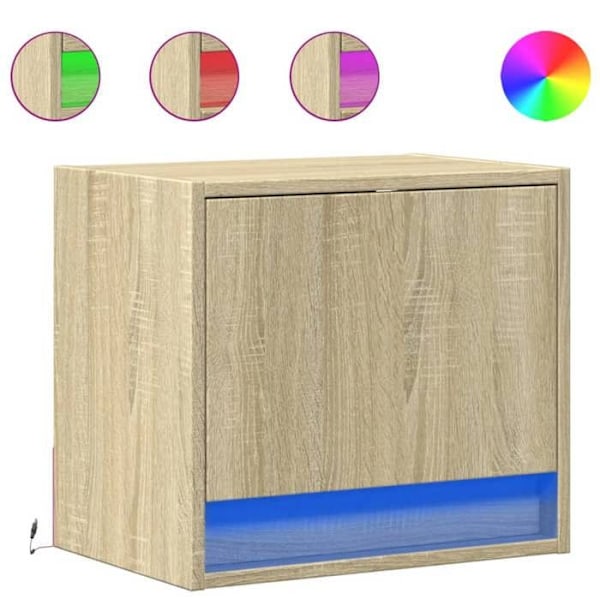 Væghængt natbord med LED-lys og skab med dør 45 x 31 x 40,5 cm i ingeniørtræ farve eg DEC034191 kastanj