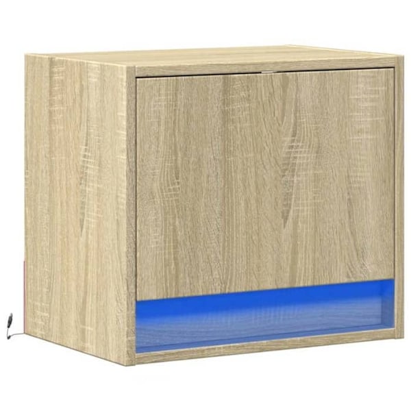 Væghængt natbord med LED-lys og skab med dør 45 x 31 x 40,5 cm i ingeniørtræ farve eg DEC034191 kastanj