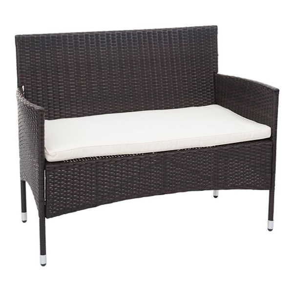 Havemøbler til balkon i brun polyrotin sofa, stole, bord, cremede puder
