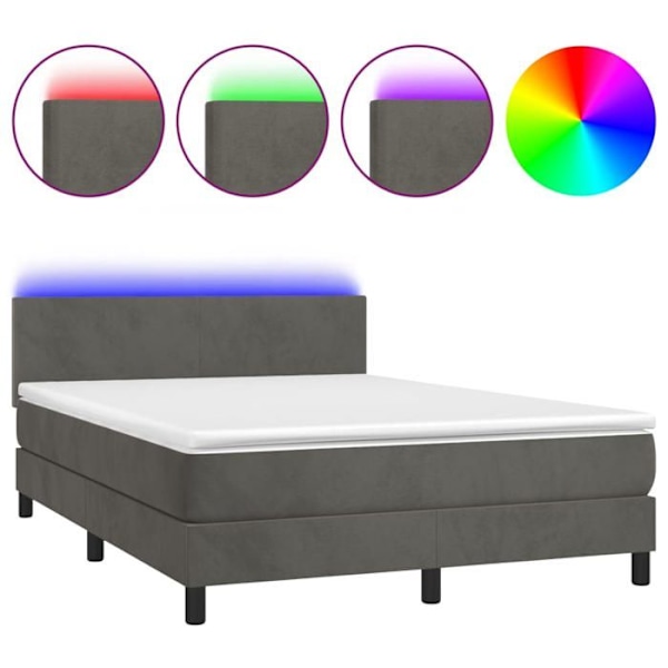 LED-sängram med sänggavel, madrass och övermadrass 140 x 190, grå mörk sammet