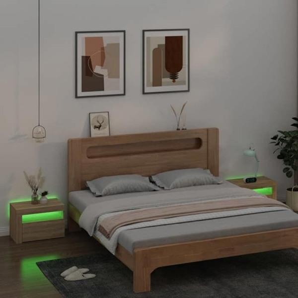 Sæt med 2 natborde med LED-lys og skab med dør 60 x 35 x 40 cm ingeniørtræ farve eg DEC034839 kastanj