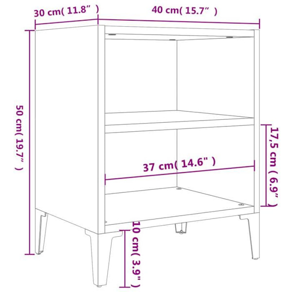 Nattbord med 2 hylder og metalben 40 x 30 x 50 cm hvid højglans ingeniørtræ DEC033232 Vit