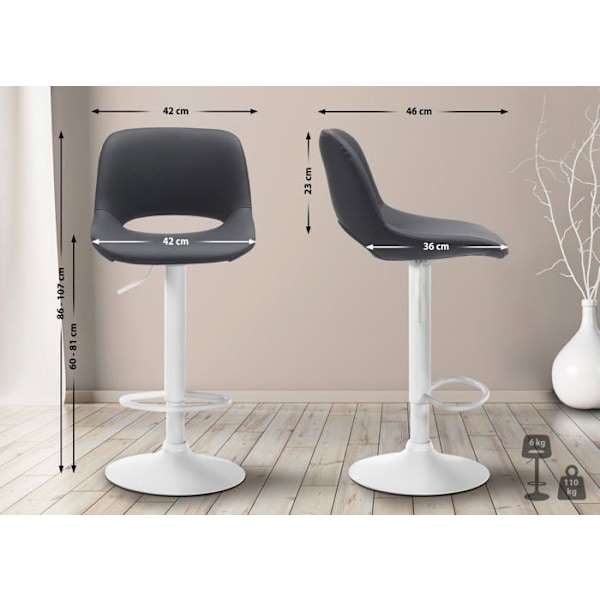 Barstol høj x1 med fodstøtte i sort PVC, hvid metallisk fod 10_0004588 Vit