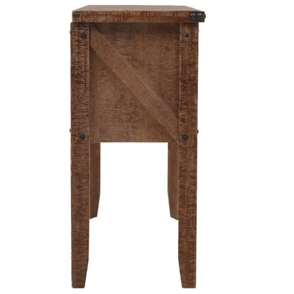 Konsolbord med 2 skuffer og 2 rum 131 x 35,5 x 75 cm i massivt fyrretræ, MDF og stål DEC031748 kastanj