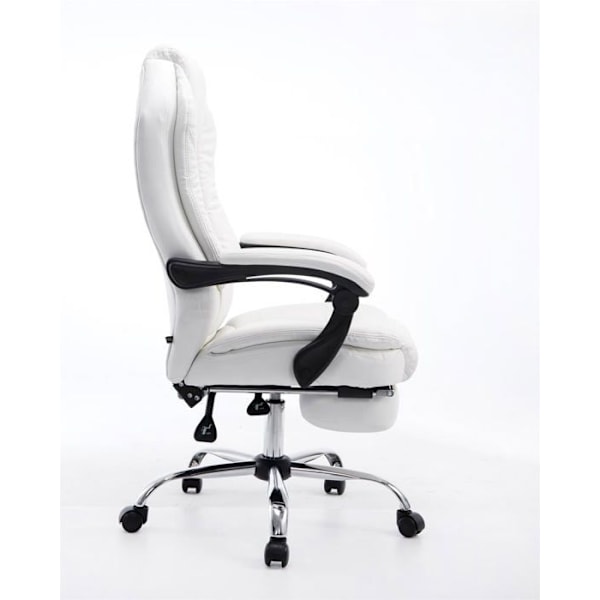 Ergonominen valkoinen synteettinen työtuoli, jossa on jalkatuki ja käsinojat