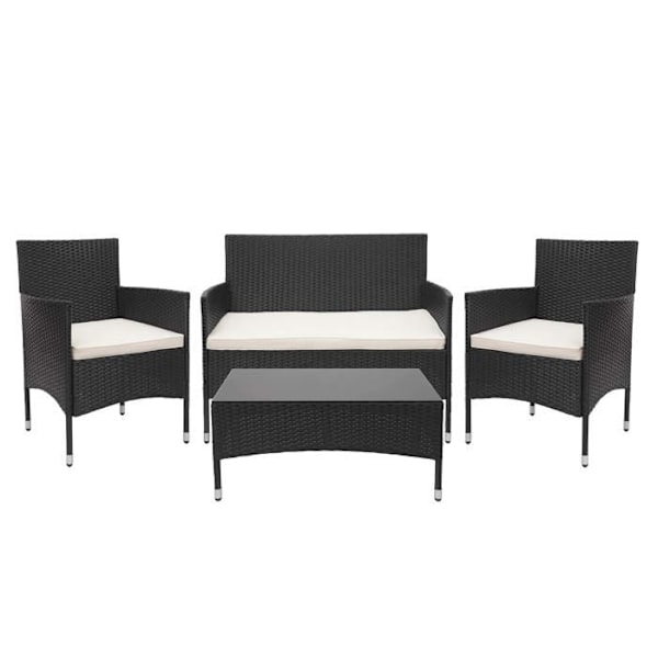 Salon til balkon have i sort polyrotin, sofa, stole, bord, creme puder