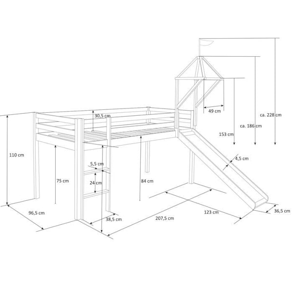 Lit mezzanine - LIT06154 - 90x200cm - Valkoinen puu - Musta merirosvoteemalla kangas - Liukumäkeä mukana Vit och svart