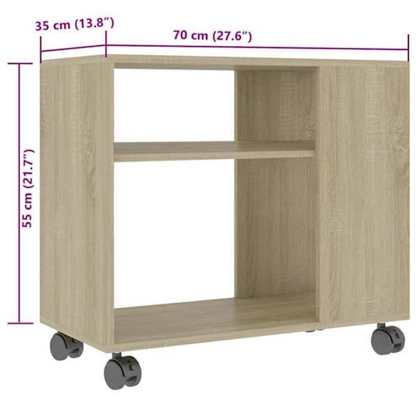Side table til stuen på hjul 70 x 35 x 55 cm i ingeniørtræ farve eg DEC032426 kastanj