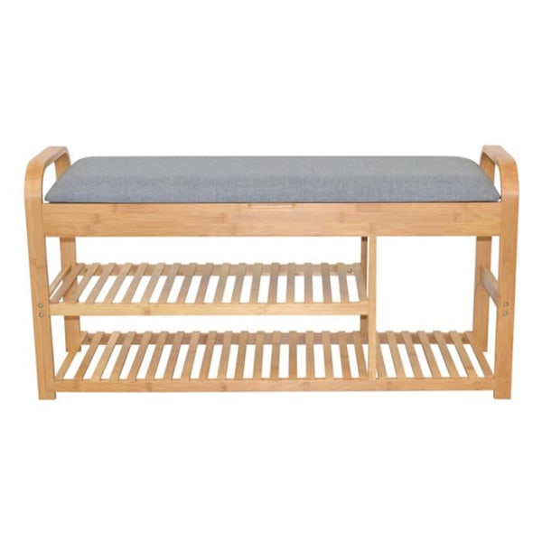 Bamboo bench with two natural color shelves and removable gray padded seat.