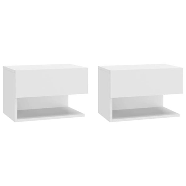 2 kpl seinään kiinnitettäviä yöpöytiä laatikoilla ja hyllyillä, mitat 46 x 29,5 x 30 cm, valkoista teknologiapuuta DEC036016 Vit