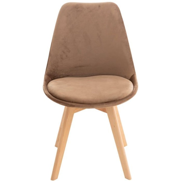 Set med 4 stolar i skandinavisk design för matrum i brunt sammetstyg med ljusa träben. kastanj