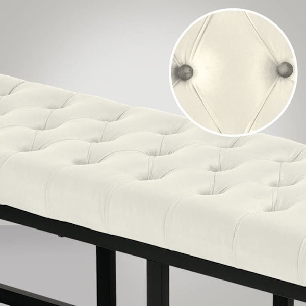 Bænk ved seng af 150 cm i cremevelour med metal i sort, 10_0003669 Grädde