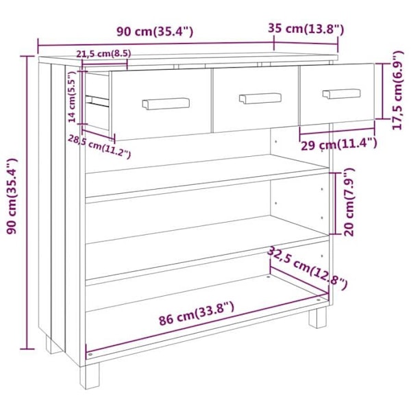 Moderne entrekonsol møbel, sidebord med skuffer 90 x 35 x 90 cm, massiv hvid fyrretræ DEC032020 Vit
