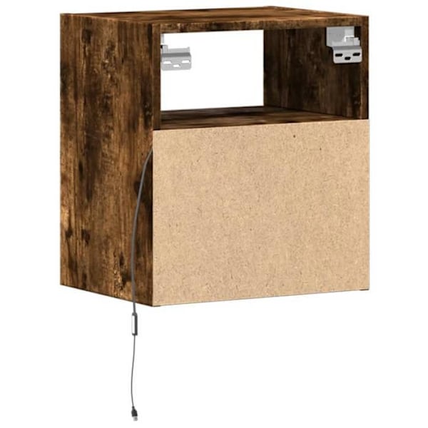 Vægmonteret natbord med LED-lys og skuffe 41 x 31 x 45 cm brun ingeniørtræ DEC034173 kastanj