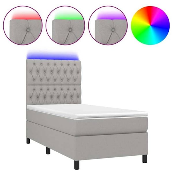 LED-sänkykehys, jossa silkki pääty, patja, paksupatja 100 x 200 vaaleanharmaata kangasta. Ljusgrått