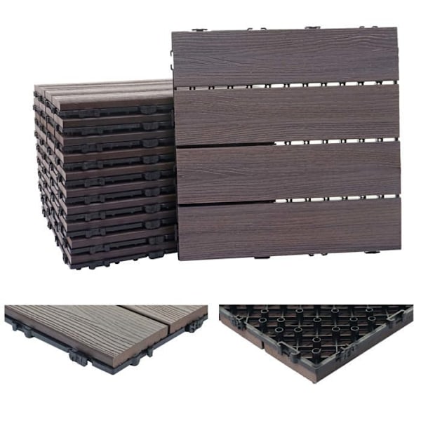 11 kpl WPC-laattat, puupintainen parveke/terassi, 3D-linjainen rakenne 30 x 30 cm = 1 m² harmaa ruskea vohvelikuosi 04_0006193 kastanj