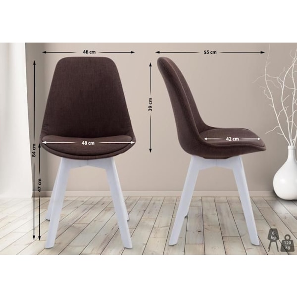 Spisestuestol x1 skandinavisk design i brun stof med 4-benet hvidt træ 10_0003312 Vit