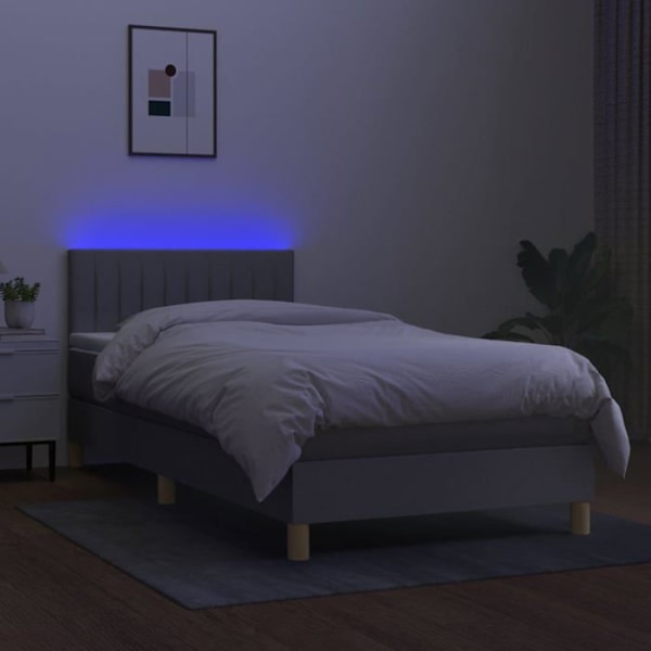 LED-sänkykehys, jossa on pääty ja 90x200 cm patja, vaaleanharmaa kangas TDL0209449 Grå