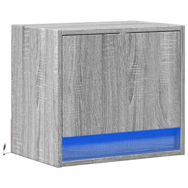 Væghængt natbord med LED-lys og skab med dør 45 x 31 x 40,5 cm i gråt ingeniørtræ DEC034215 kastanj