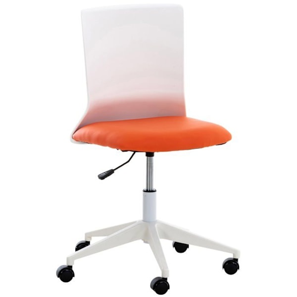 Modern svängbar kontorsstol med hjul, höjdjusterbar, vit plast och orange syntetmaterial